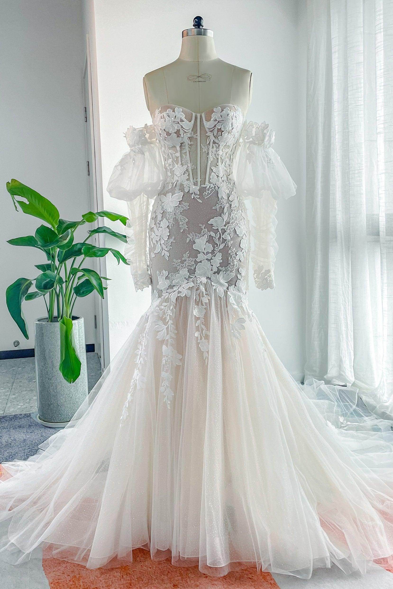 Trumpet-Mermaid Chapel Train Lace Tulle Wedding Dress CW3133 - COCOMELODY
